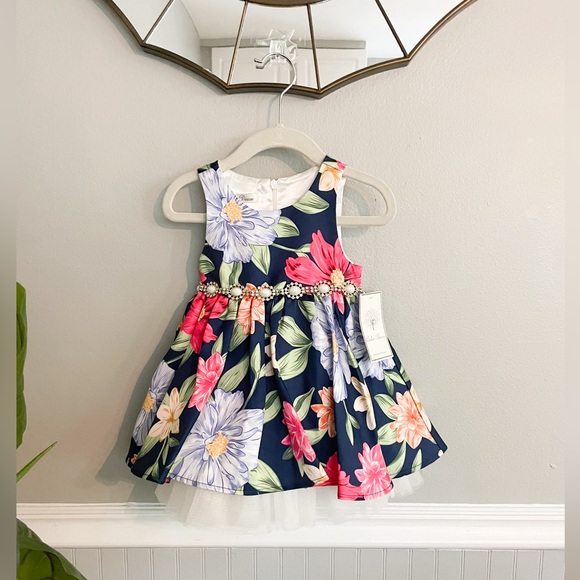 NWT Couture Princess Floral Multi Color Jeweled Belt Baby Dress Size 24 Months - Picture 1 of 13